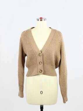 Aritzia BABATON Canberra Tan 100% Wool Knit Cropped Cardigan Sweater, Size XS